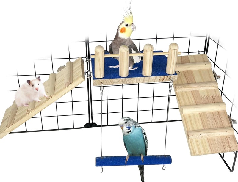 FlidRunest Bird Toy, Parrot Perch Platform with Swing and Ladder, Bird Perch Paw Grinding Rough-surfaced, Wooden Climbing Exercise Stands for Parakeet, Parrot, Lovebird, Cockatiel, Hamster - Image 1